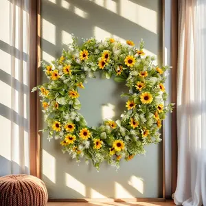 16 Inch Artificial Sunflower Wreath for Front Door, Spring Summer Fall Wreath with Green Leaves, Faux Floral Wreath for Home Wall Window Porch Fireplace Farmhouse Decor, Year Round Outdoor Indoor Wreath Decoration