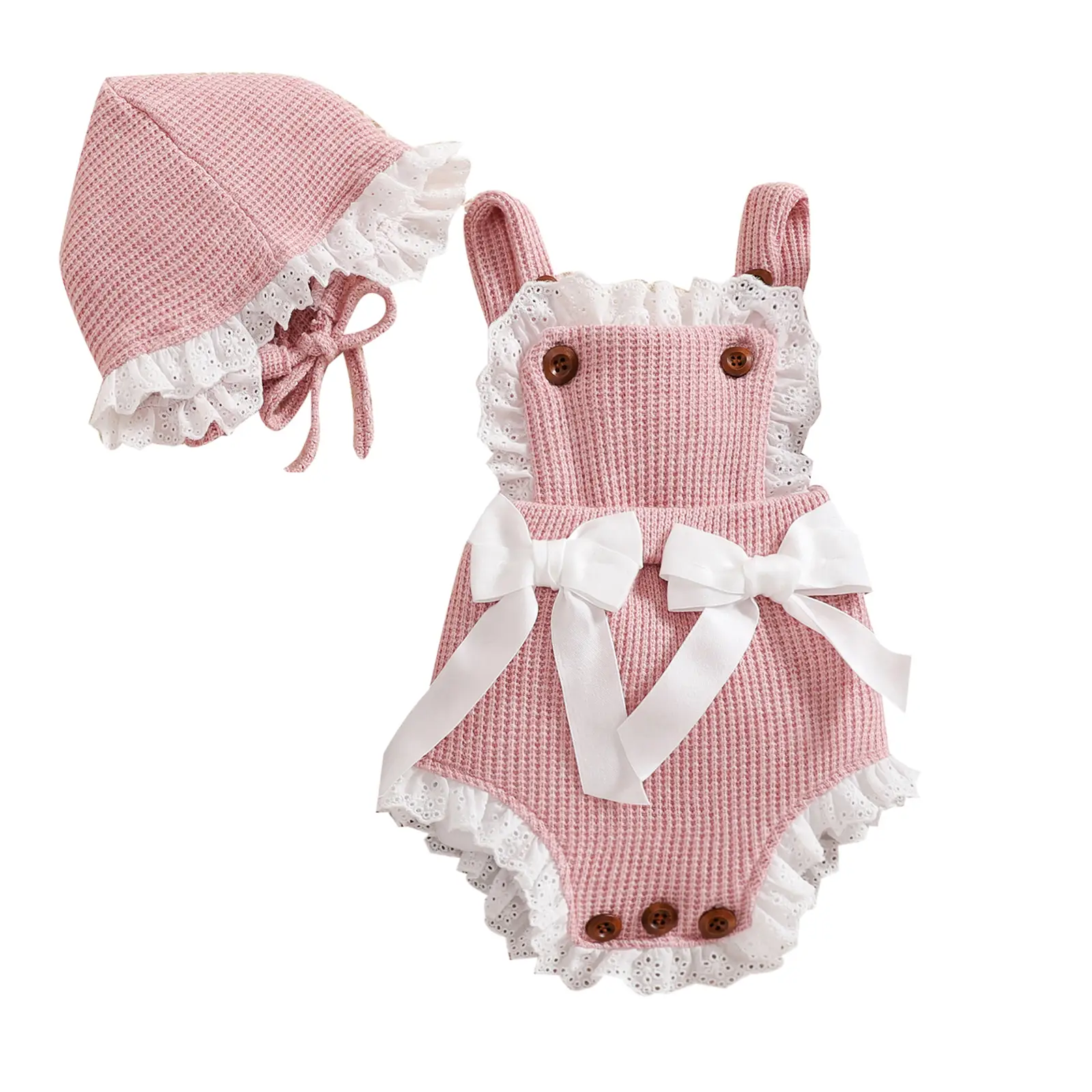 Baby Suit Set, Contrast Color Bowknot Sleeveless Ruffle Knitted Romper+ Hat for Girls, 0-18 Months