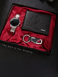Men's Luxury Steel Watch Keychain Wallet Set, Matching Simulated Quartz Watch, Elegant Gift Box, Perfect for Christmas Valentine's Day Birthday