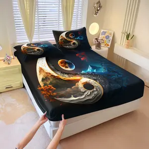 Tai Chi Yin-Yang Symbol Printed Fitted Sheet Set,Includes 1 Fitted Sheet & 2 Pillowcases without Filler,Yin and Yang coexist,Natural and harmonious,Comfortable and soft bedding,Stylish bedroom decor,Suitable for all seasons,A great addition to your home.