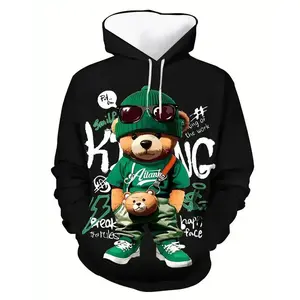 [Long Sleeve Polyester Hooded Sweatshirt] Men'S 3D Digital Print Cartoon Bear Hoodie, Polyester Street Style Hooded Sweatshirt, Regular Fit, Long Sleeve, Slight Stretch Knit Fabric, Geometric Pattern, with Kangaroo Pocket, for Casual Outdoor Pullover