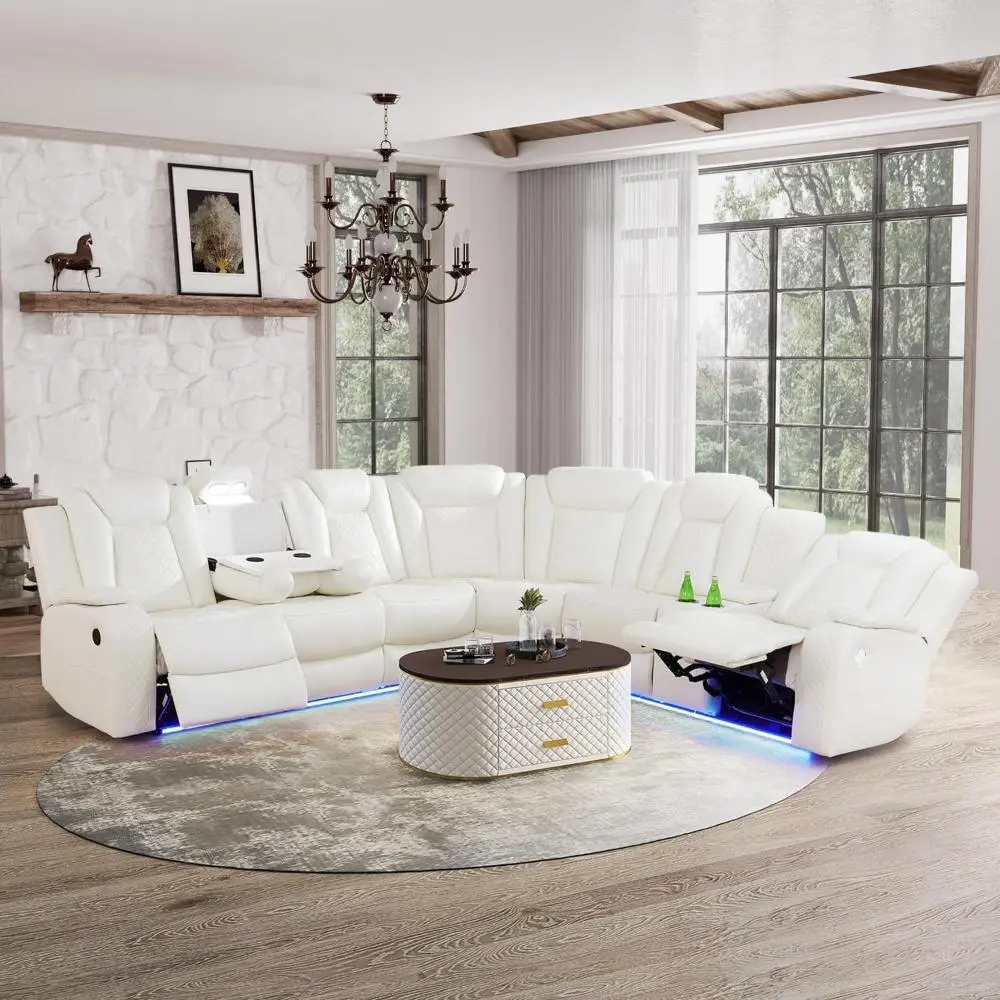 Genuine Leather Power Reclining L-Shaped Comfy Sofa - Modern Minimalist Indoor Multiple-Seat Couch with USB Chargers, Storage Console, 2000mm-2400mm Size, Assembly Required, Multiple Seats, Minimalist Living Room
