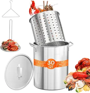 ROVSUN 30QT Turkey Fryer Pot & Seafood Boil Pot with Strainer Basket, Lid, Hook & Steamer, Aluminum Stock Pot for Turkey Frying & Crab, Lobster, Shrimp Boiling for Outdoor Cooking & Gatherings