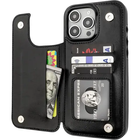 PU Leather Cellphone Smartphone Case Cover with 4 Card Slots, Card Holder, Kickstand, Double Magnetic Clasp, Anti-Fall System - Durable Shockproof Protection Accessory for iPhone 17/16/15/14/13/12 Pro Max Plus