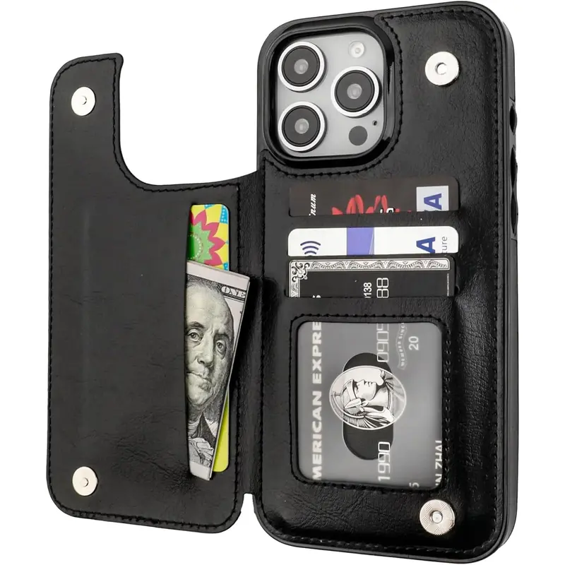 PU Leather Cellphone Smartphone Case Cover with 4 Card Slots, Card Holder, Kickstand, Double Magnetic Clasp, Anti-Fall System - Durable Shockproof Protection Accessory for iPhone 17/16/15/14/13/12 Pro Max Plus