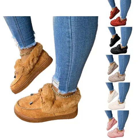 Fashare Women's Platform Warm Moccasin Slippers Slip On Loafer Plush Shoes Anti Slip Flat Walking Loafers Faux Fur Snow Boots  Soft and comfortable suede slippers for women