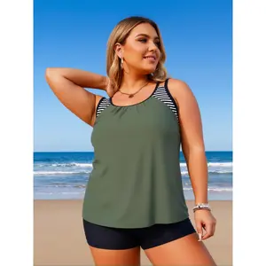 Sporty Chic Plus Size with Shorts - Tummy Control Two Piece Bathing Suit for Women - Olive Green with Black White Striped Shoulder Straps - Modest Full Coverage Swimwear with Built-in Pads for Beach Poolside Summer Outfit 2026