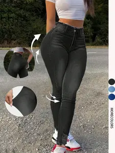 Women's Plain Pocket Skinny Jeans, Casual Comfy Denim Pants for Daily Wear, Ladies Bottoms for All Seasons