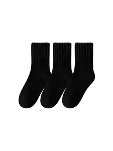 3 Pairs Classic Black Winter Socks for Women, Thick Full Cushion Mid-Calf Socks, Ribbed Cuff for Office & Travel, Soft All-Day Comfort, EU36-40, Soft Comfy Socks