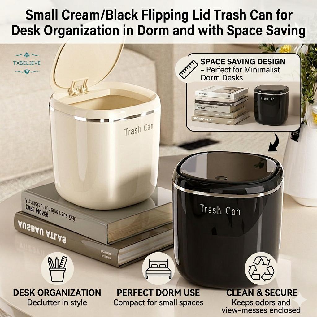 Small Cream/Black Flipping Lid Trash Can for Desk Organization in Dorm and with Space Saving