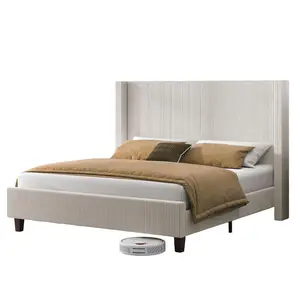 [MothersDayGift]【Bed Frame Only】VanAcc Upholstered Platform Bed Frame, Wingback Bed with 50.8" Headboard, Modern Corduroy Design, Solid Wood Leg/No Box Spring Needed, Unique Bedroom Furniture