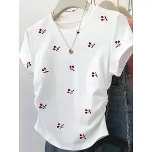 Ladies' cherry digital printed slim fit short sleeved T-shirt, sweet and fresh style, casual daily wear, elegant embroidery, women's clothingRAIMENTRY