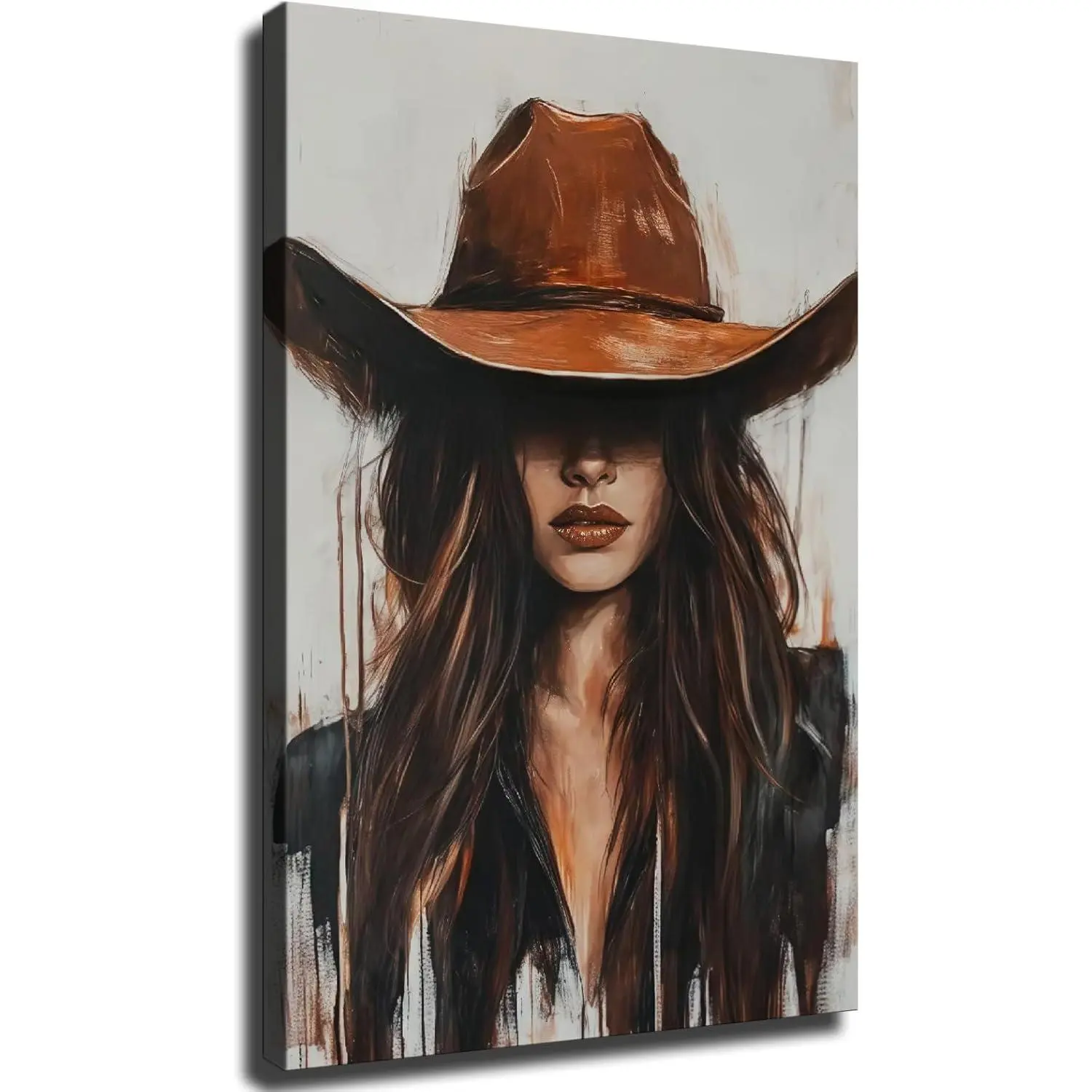 Rustic Cowgirl Canvas Wall Art, Brunette Woman in Cowboy Hat, Western Country Drip Painting for Farmhouse or Boho Decor (Framed,12*18 inch)