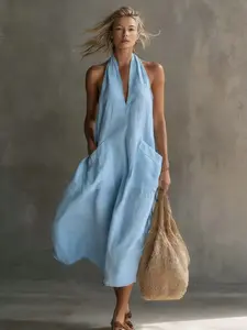 Women's Solid Color Halter V-Neck Backless Midi Dress, French Casual Style, Flowy Breathable, Summer Beach Vacation/commute Wear