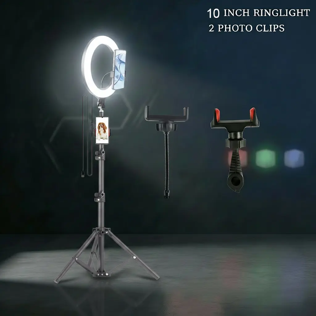 10-inch Three-colour LED Ring Light, with 43.3-inch Tripod, USB Power Supply, Adjustable Brightness, Suitable for Live Broadcast, Makeup, Selfie, Festival Party Lighting
