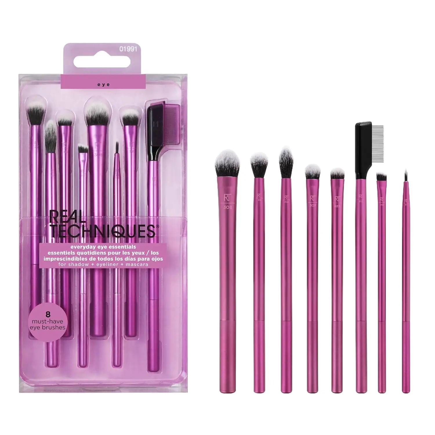 Real Techniques 8 Piece Everyday Eye Essentials Makeup Brush Set | Blend complete eye looks with eye brushes for makeup, eyeliner brush and mascara, with synthetic bristles