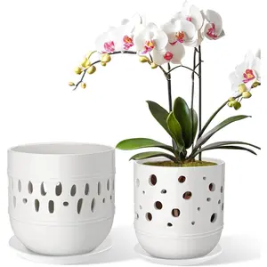 Orchid Pot with Holes, 5+6 Inch Ceramic Orchid Pots, Flower Pots with Drainage and Saucer, Promoting Air Circulation and Drainage, Indoor/Outdoor  Pot, Set of 2 - White
