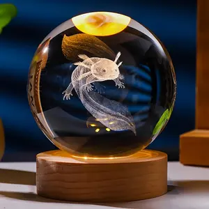 1pc 3D Axolotl Crystal Ball Gifts With Wooden Light Base, Animals Figurine Axolotl Stuffs Glass Sphere Night Light For Home Bedroom Decor, Birthday Present For Women, Men Or Axolotl Lovers 2.36 IN