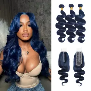 ALHER Body Wave 2x6 HD Closure With 3 Bundles Dark Blue Color Human Hair 12A 100% Brazilian Hair Bundles 100g/pc and Long Deep Part Closure Pre plucked for Black Women Midnight Blue 150% Density