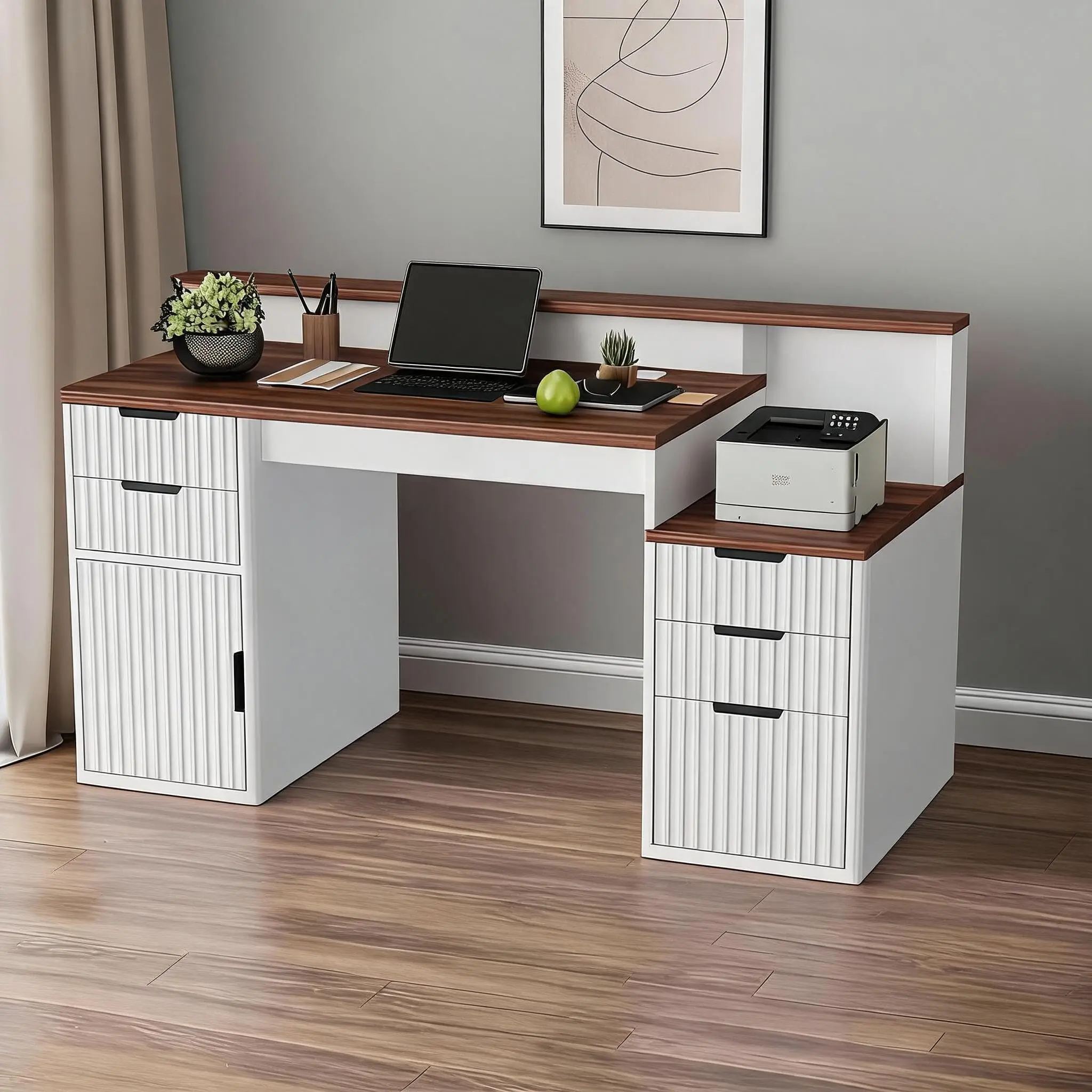 Rectangular Computer Desk with Hutch & Printer Stand, Ripple Door Storage Home Office Desk, Space-Saving Study Writing Desk for Bedroom, Sturdy Board Student Desk with Easy Assembly, Brown-white