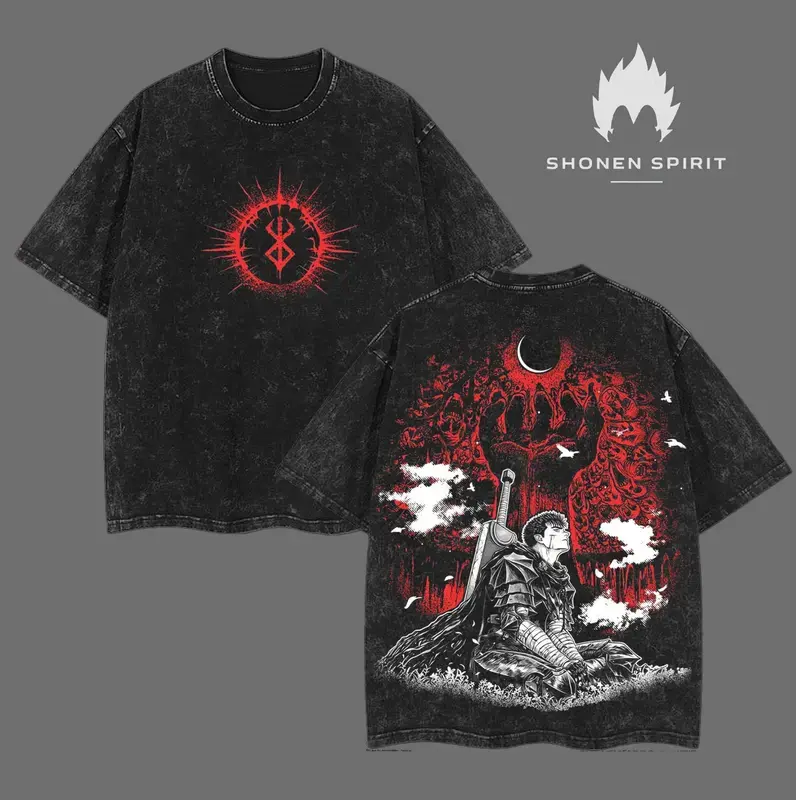 Guts "Black Swordsman" - Berserk Anime Double Printed Vintage Washed Unisex Oversize Anime Manga Washed Heavyweight Cotton T-shirt, gifts For Anime Fan, Anime Lover
