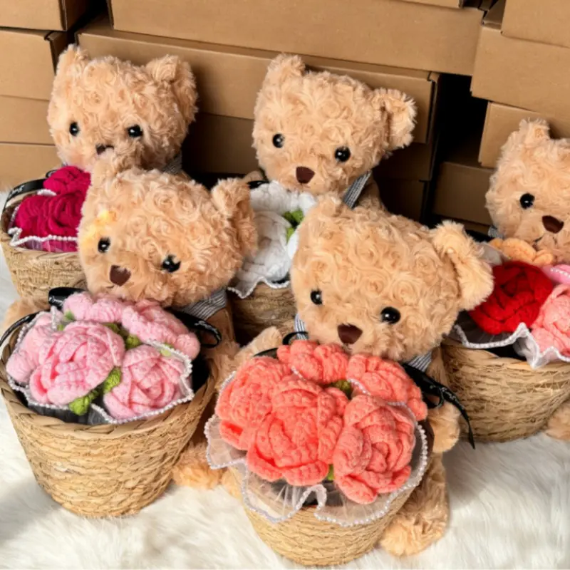 Handmade Crochet Rose Bouquet Teddy Bear Doll, Valentine's Day & Mother's Day Party Gift, Soft Cuddly Gift, Anniversary Present with Packaging, Stuffed Animal Gifts
