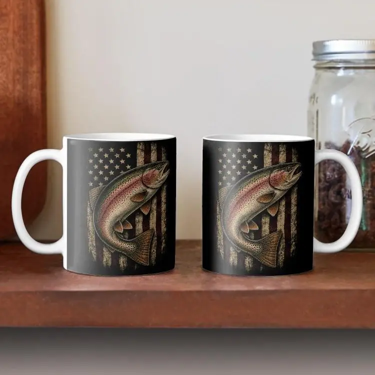 Vintage Bass Fishing Coffee Mug, American Flag Fish Artwork, Rustic Outdoor Angler Gift for Dad, Great for Father’s Day, Birthday, Christmas or Fishing Trips