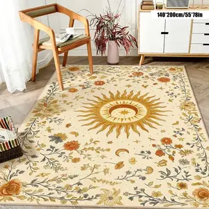 Vintage Sun, Moon Carpet Living Room, Comfortable Material, Featuring a , And Floral Pattern in a  Pastoral Style with Warm Colors, Round Radiating Design, Non-Slip, Durable, Machine Washable
