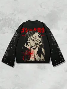 Men's Gothic Street Print Hoodie, Long Sleeve Loose Fit Crop Top, Perfect for Spring Summer Fall, Vintage 2000s Style