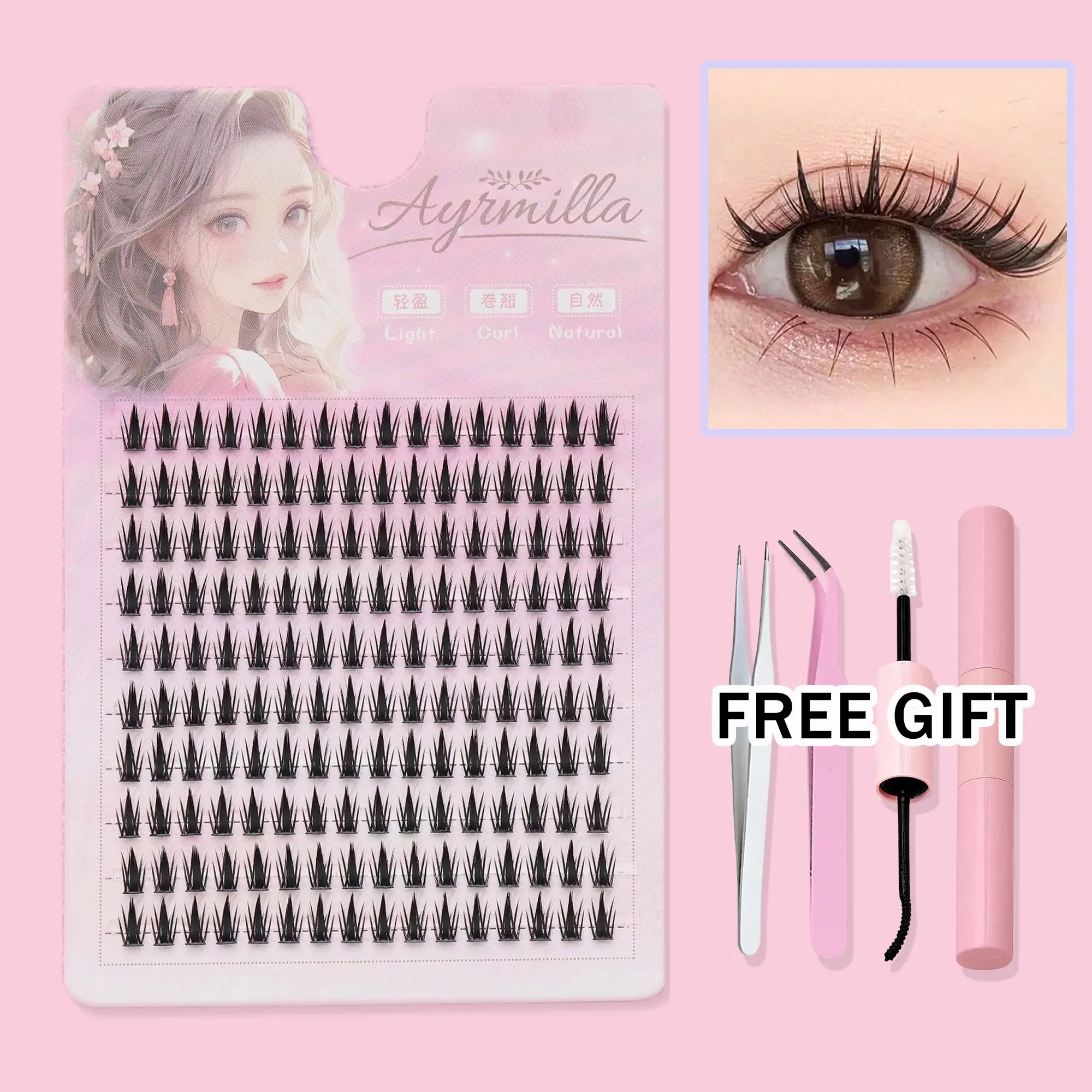 Manga Style Fluffy Individual Cluster False Eyelashes Set - Natural Wispy Curly Segmented Lashes, DIY Extension Kit with Tweezers, Eyelash Glue, Brush, Light Comfortable Eye Makeup Accessory
