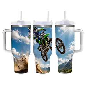 40oz Motocross Rider Mountain Adventure Design Stainless Steel Tumbler， Tumbler with Handle and Straw Double Wall Vacuum Insulated Travel Mug， Coffee Cups With Lids， Perfect Gifts For Birthday Holidays.