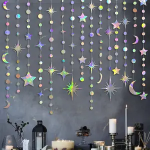 Iridescent  Moon Circle Dot Garland Party Decoration Kit Hanging Crescent and Twinkle Little  Streamer Bunting Banner for  First Birthday Ramadan EID Mubarak  Shower Wedding Decor