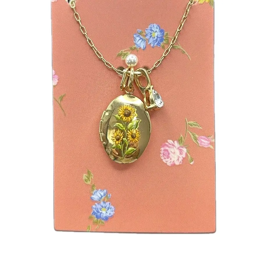 Nickel-Free Gold-Tone Cottagecore Sunflower Locket Choker Necklace - Alloy Pendant with Extra Charms Including a Small Clear Crystal