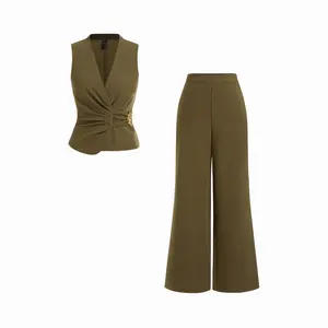 Cider V-Neck Wrap Front Ruched Metal Detailed Top & Mid Rise Wide Leg Trousers Set