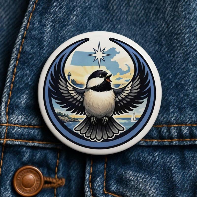 Massachusetts Bird Logo Button Pin – Coastal Graphic Badge for Jackets & Bags