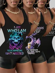 3pcs Dark Skull Lightning Dragon Tank Top Set, Humorous Letter Print, Coffee Nap Vacation, Bold Statement Tee, Style Women's Clothing