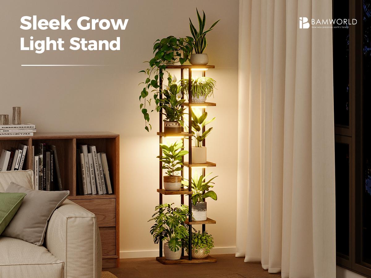 Bamworld Rustic Acacia Wood & Metal 7-Tier Plant Stand with Lights, Ambient Lighting for Indoor Plants, Home Decor Corner Rack for Living Room, Wooden Plant Stand