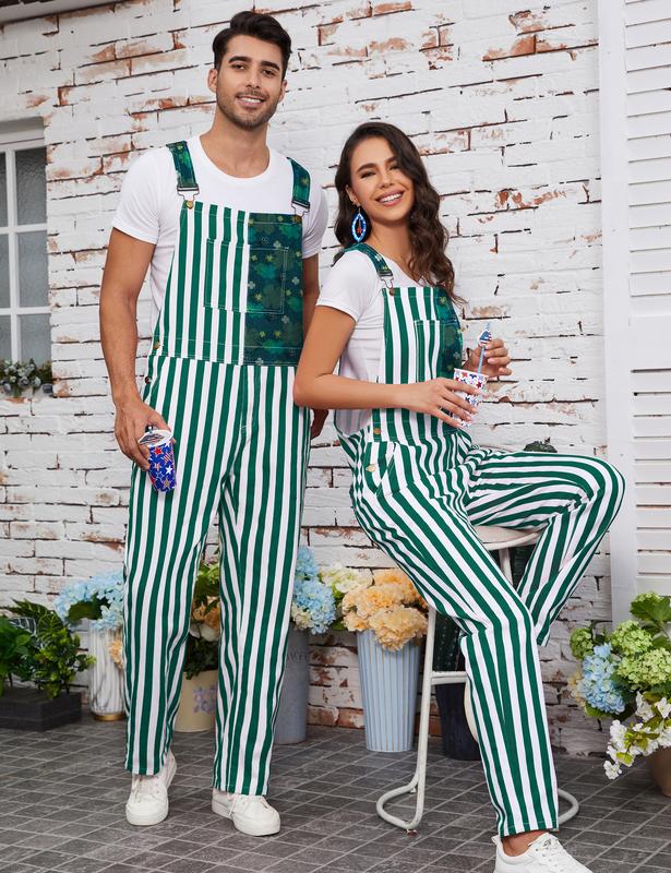 Yuanbang St Patrick's Day Overalls for Men Lucky Irish Romper Green Stripes Print Bib Stretch Denim Coveralls Adjustable Straps Jumpsuit Holiday Menswear Festival Beer Party Mardi Gras Outfits Dad Gifts Football Outwear