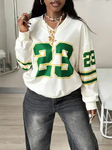 Loose V Neck Print Sweatshirt, Vintage Street Style Pullover, Y2K Casual Daily Wear, Long Sleeve, All Seasons, Figure Pattern