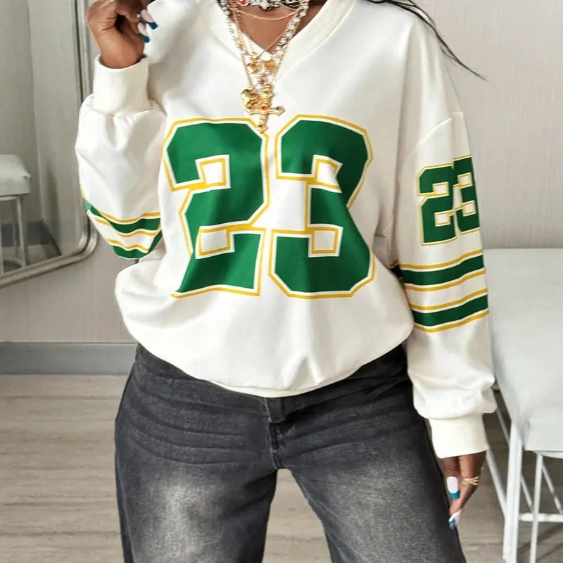 Women's Loose-Fit Printed Sweatshirt Tops, Long Sleeve Casual Y2K Streetwear Pullover with Number Graphic