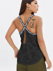 Women's Letter Tape Criss Cross Back Mesh Sports Tank Top, Casual Breathable Sports Vest for Yoga Gym Workout Running, Ladies Sportswear for Spring & Fall, Activewear