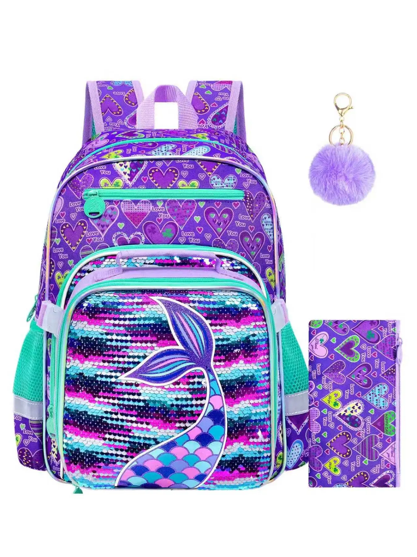 Sequin Mermaid Tail Backpack Set with Pencil Case & Pom Pom Keychain, Perfect for Little Girls Who Love Underwater Magic