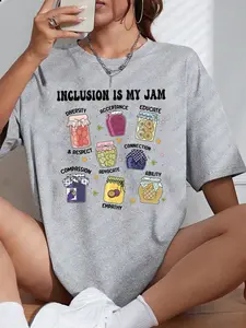 Women's Inclusivity Is My Jam Round Neck Graphic Tee, Fashion Casual Short Sleeve T-shirt for Daily Wear, Ladies Summer Clothes, Top