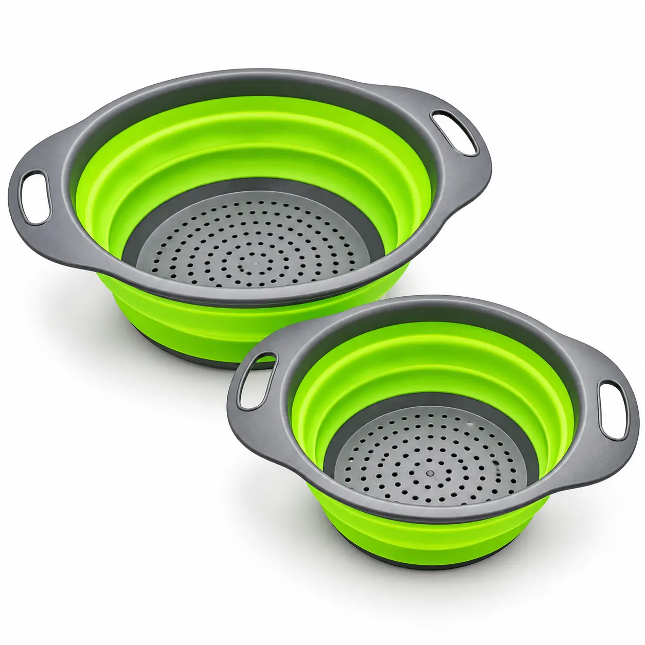 2 Pack Collapsible Colander Set, Large & Small Folding Kitchen Strainers with Handles, Space Saving Vegetable and Fruit Washing Baskets for Pasta, Berries, Kitchen Sink & RV Storage, Green & Gray