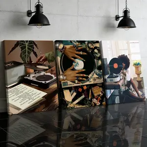 3 Counts Wooden Framed Canvas Painting, Vintage Vinyl Music Record Player Art, Exquisite Poster, Perfect Living Room Decoration, Modern Art, Fashion Family Poster, Wall Art Decoration, Waterproof Art