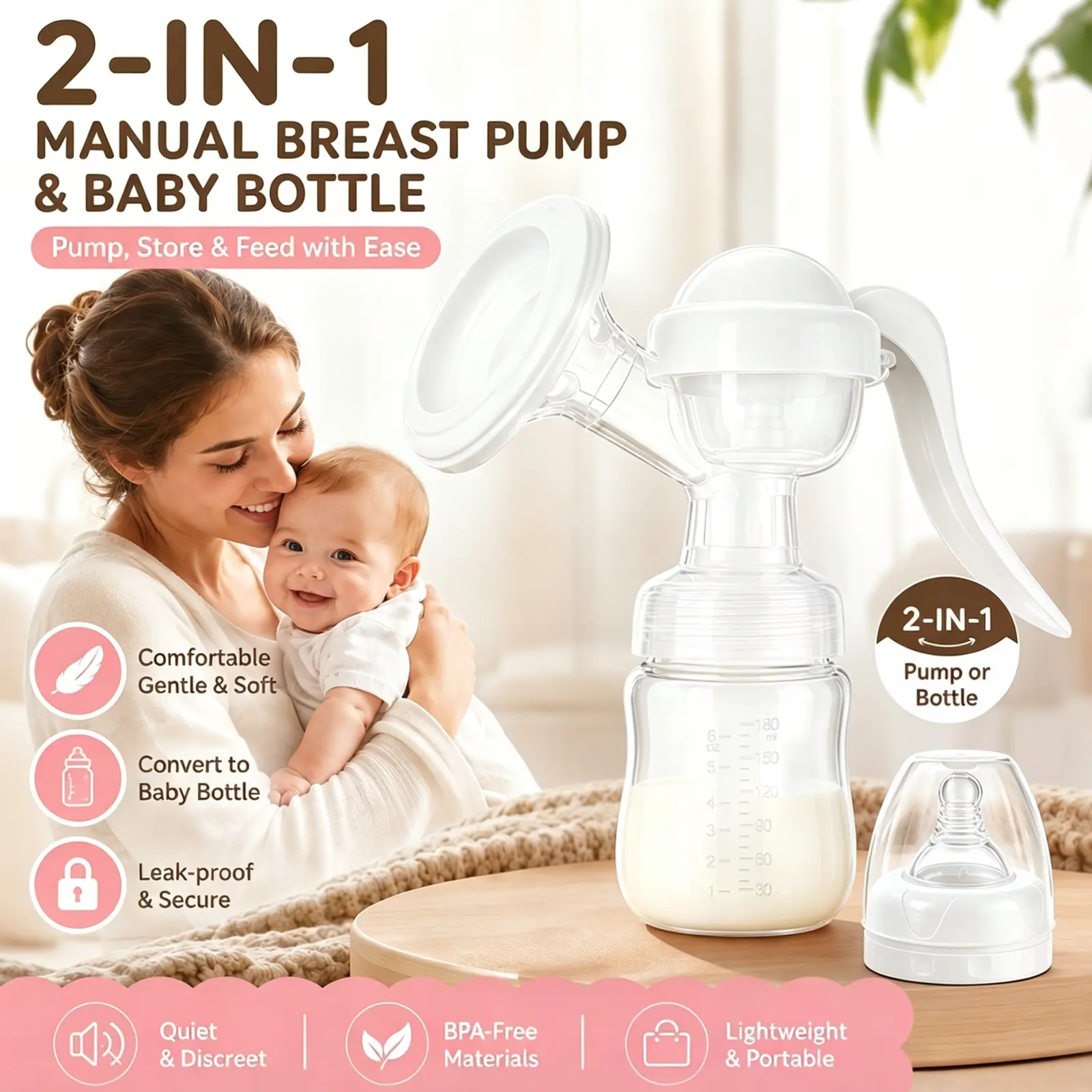2-in-1 Manual Breast Pump & Baby Bottle – Pump, Store & Feed in One, Portable Breast Pump for Moms, Travel Formula Collector and Feeder