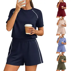 2026 Summer New Women's Round Neck Shorts Pocket Set Stretch Suit Sports Casual Wear