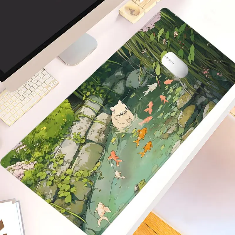 Anime Cat & Fish Pattern Mouse Pad, Non-slip Mouse Pad with Stitched Edge, Rubber Base Desk Pad for Home Office, Office Desk Accessories, Desktop Accessories, Gaming Accessories, Gaming Desk Accessory, Computer Desk Mat