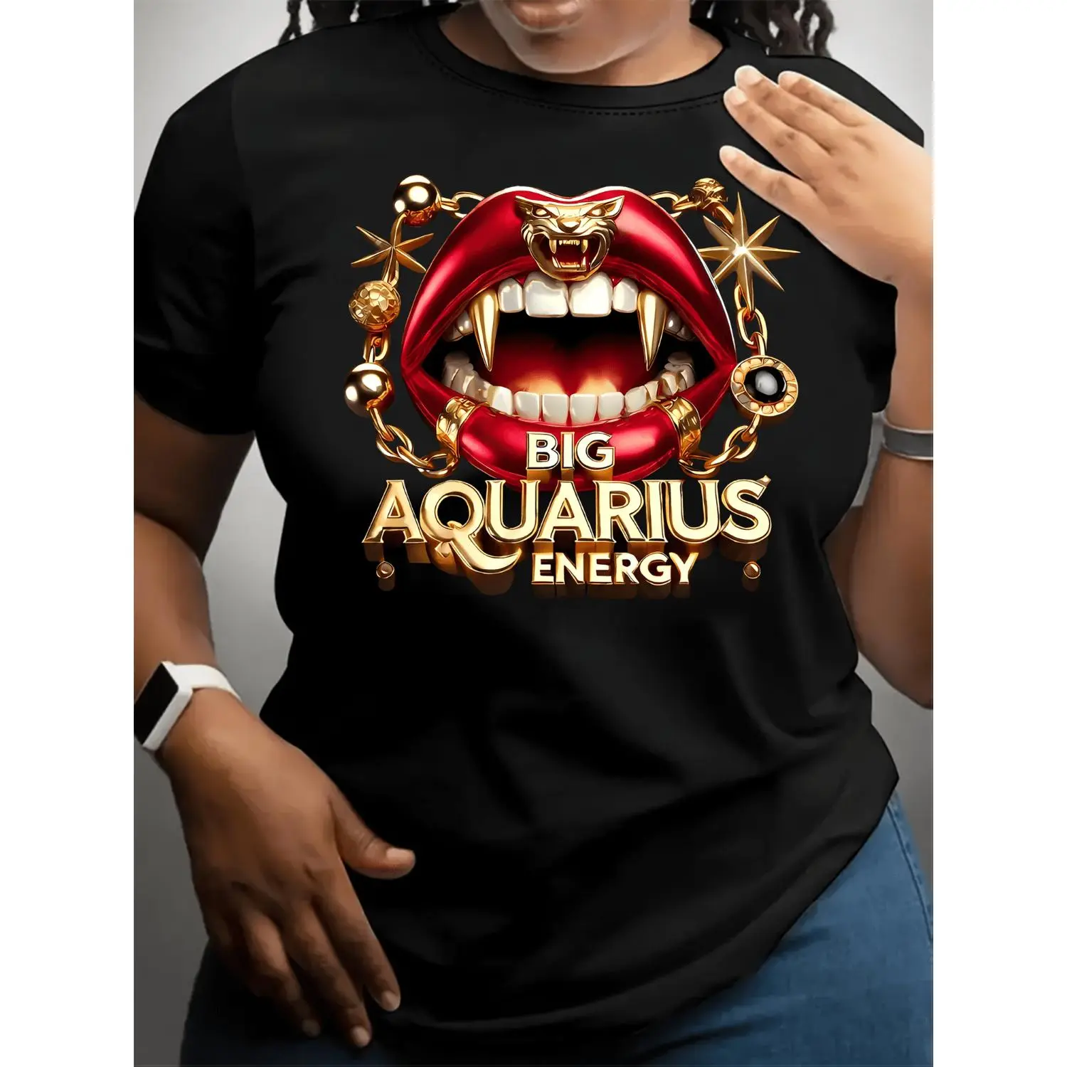 Women's Aquarius Sign T-Shirt - Aquarius Letter Print & Symbol, Soft Breathable Relaxed Fit Crew Neck Short Sleeve Top for Casual Casual Attire, All-Season Astrology Apparel