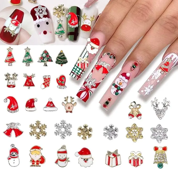 28Pcs Christmas Nail Charms, 3D Christmas Nail Art, Metal Santa Claus Snowman Snowflake Charms for Acrylic Nails, Alloy Nail Art Rhinestones for Women DIY Christmas Nails